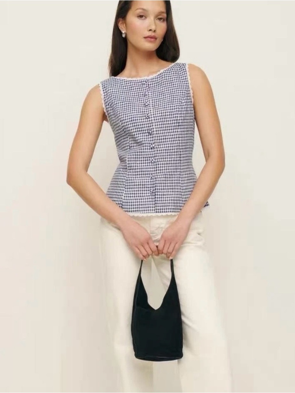 Christian Lacroix Navy & White Linen Lace Gingham Button Up Vest Tank Small